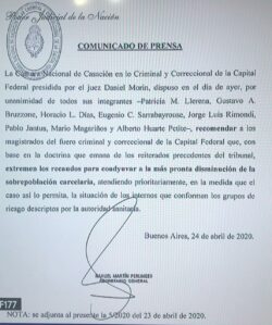 Acordada Nro.5 y Comunicado de Prensa de la Cámara Nacional de Casación Penal en lo Criminal y Correccional de la Capital Federal